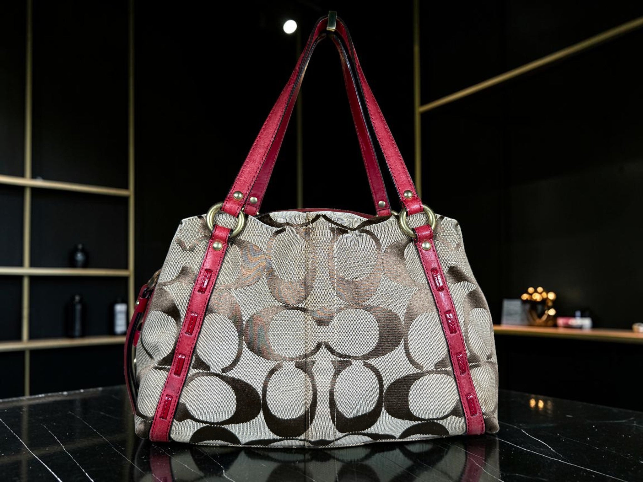 Vintage Coach Boston Bag – Signature Canvas & Red Leather, Style M0926 - F13006