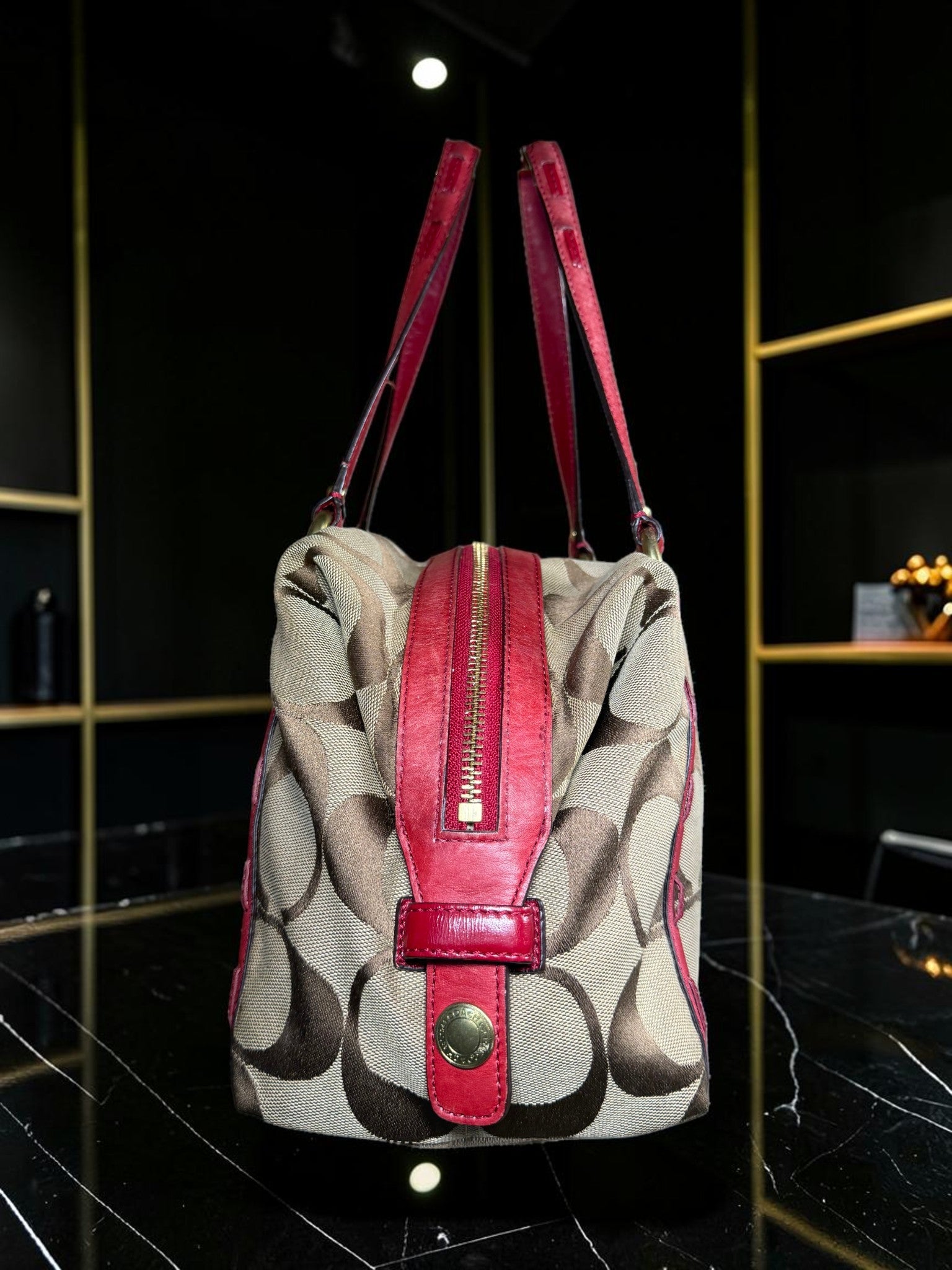 Vintage Coach Boston Bag – Signature Canvas & Red Leather, Style M0926 - F13006
