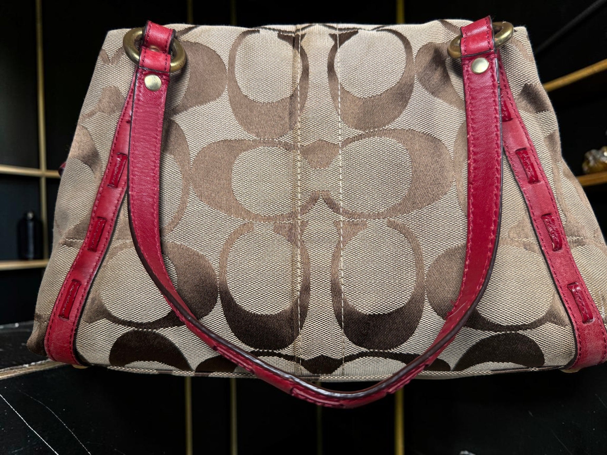 Vintage Coach Boston Bag – Signature Canvas & Red Leather, Style M0926 - F13006