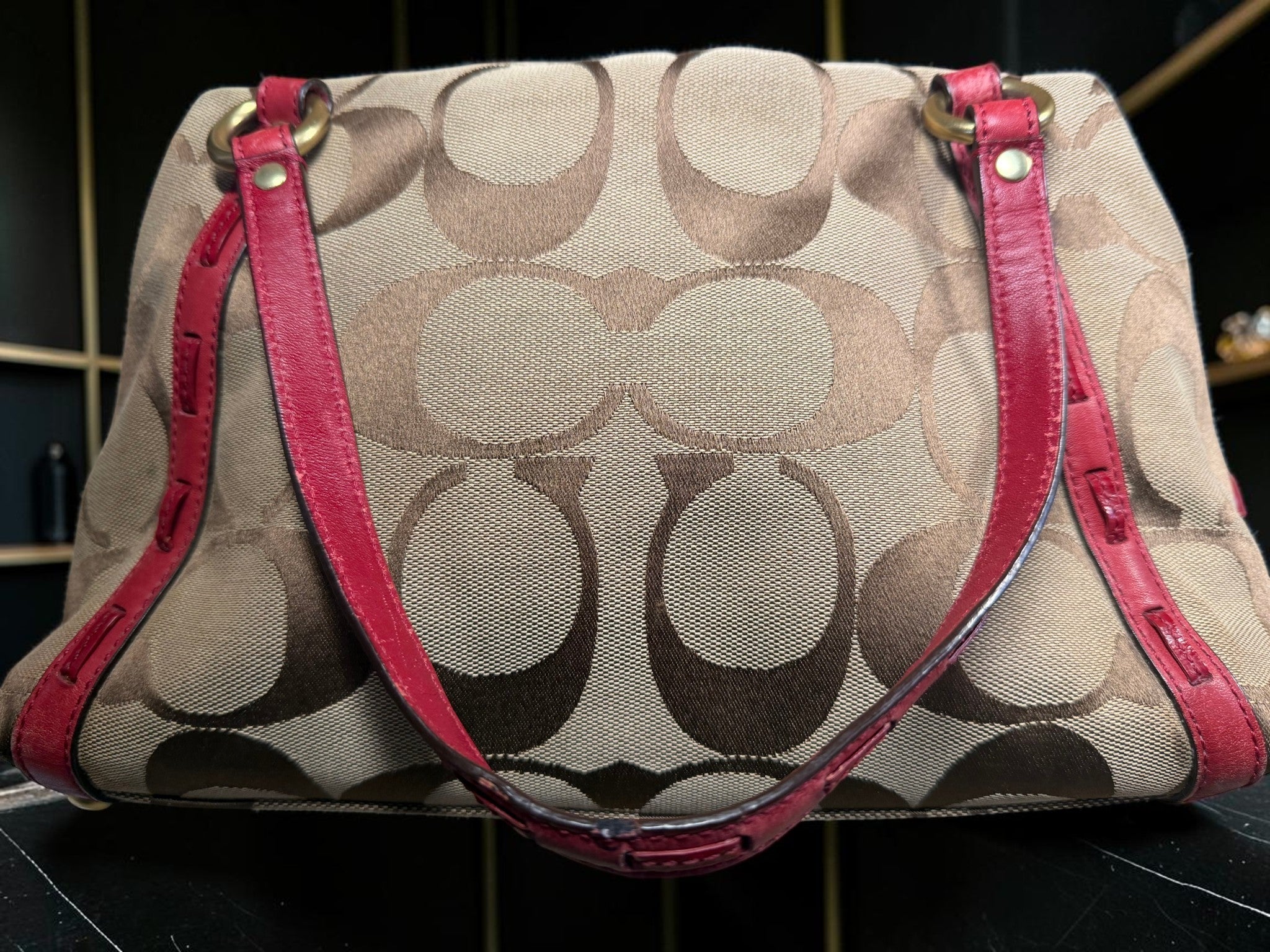 Vintage Coach Boston Bag – Signature Canvas & Red Leather, Style M0926 - F13006