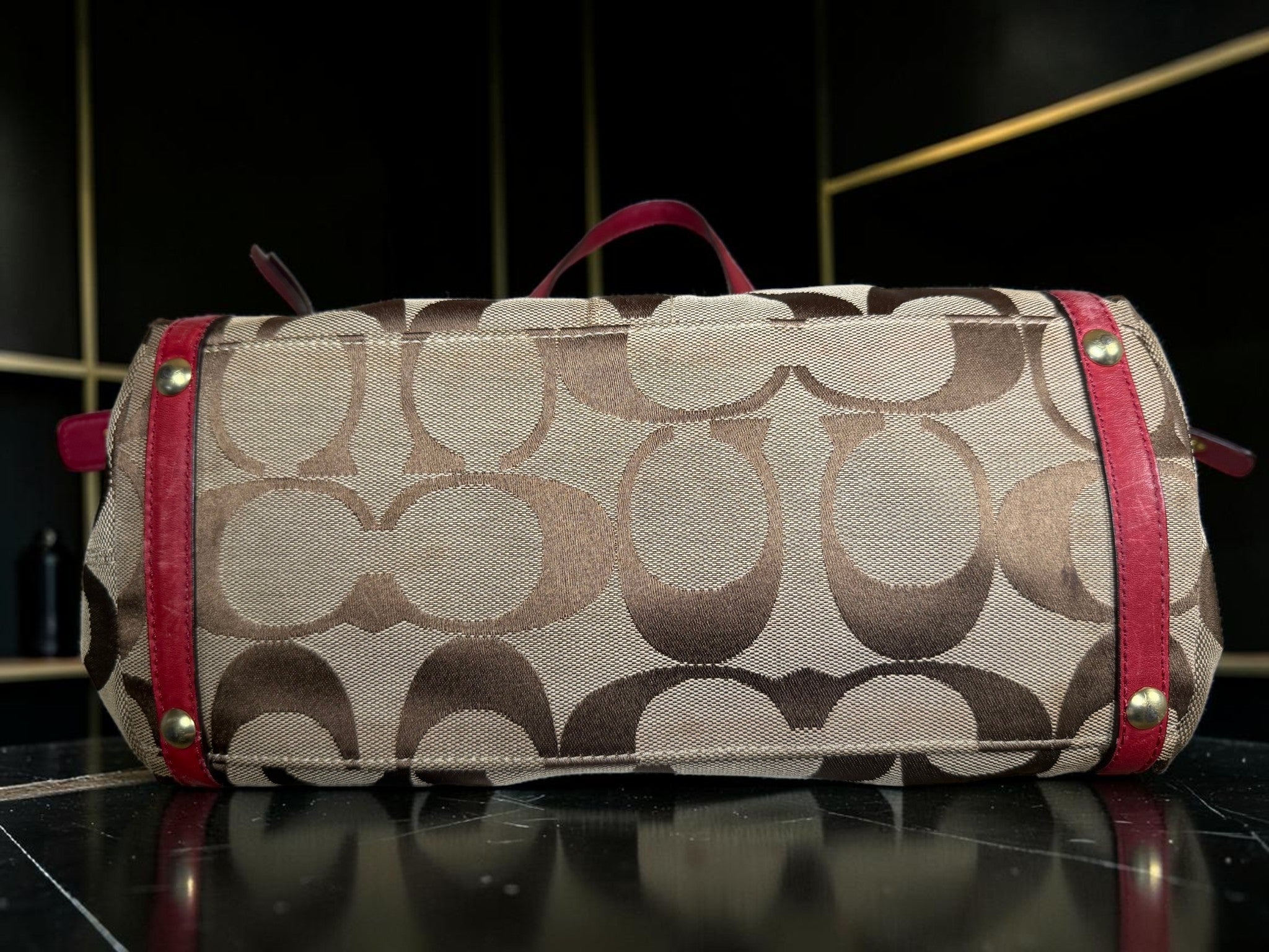Vintage Coach Boston Bag – Signature Canvas & Red Leather, Style M0926 - F13006
