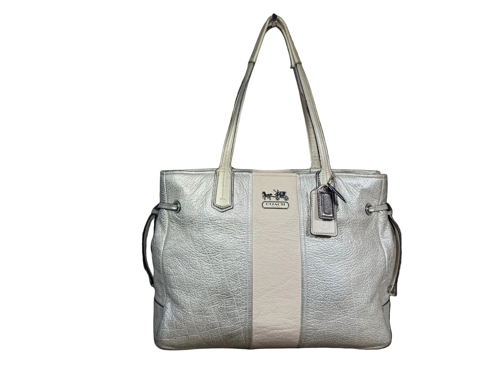 Coach Chelsea Carryall Tote shoulder bag Metallic Silver Leather stripe