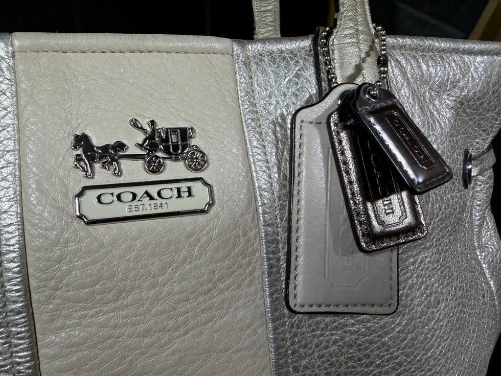 Coach Chelsea Carryall Tote shoulder bag Metallic Silver Leather stripe