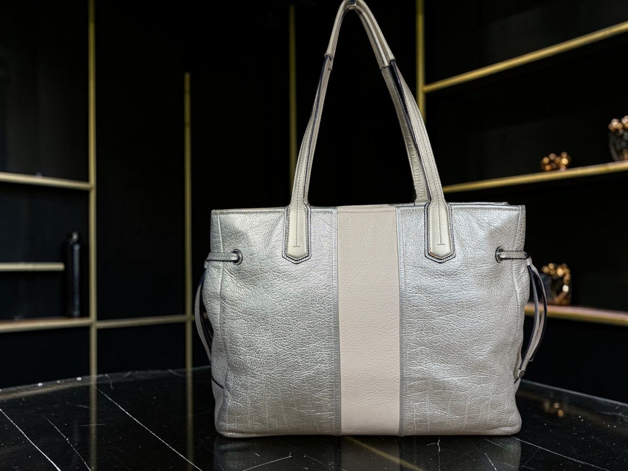 Coach Chelsea Charlie Carryall Tote – Metallic Silver Leather with Beige Stripe, Style 18962