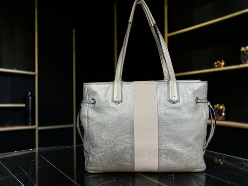 Coach Chelsea Carryall Tote shoulder bag Metallic Silver Leather stripe