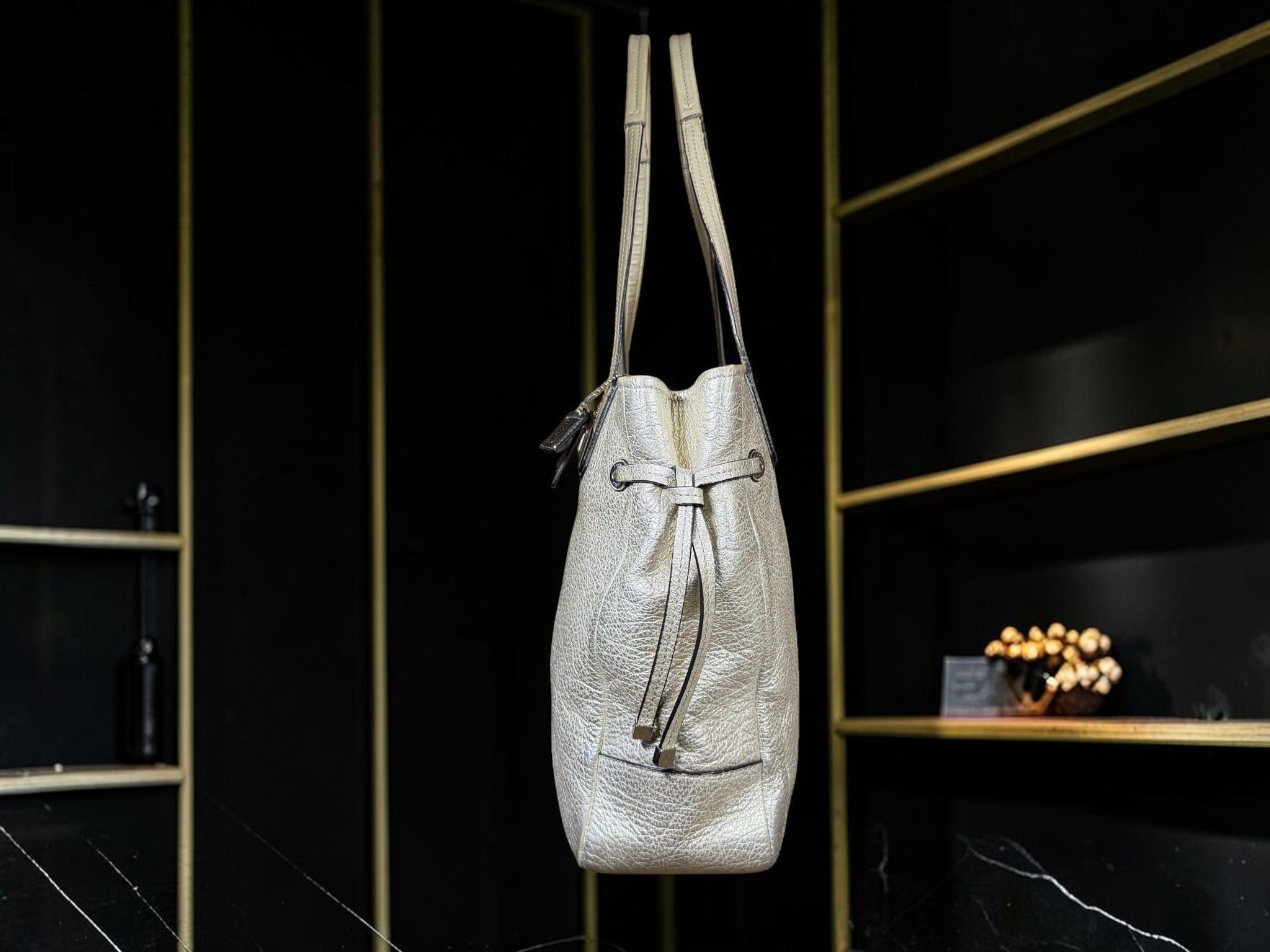 Coach Chelsea Charlie Carryall Tote – Metallic Silver Leather with Beige Stripe, Style 18962