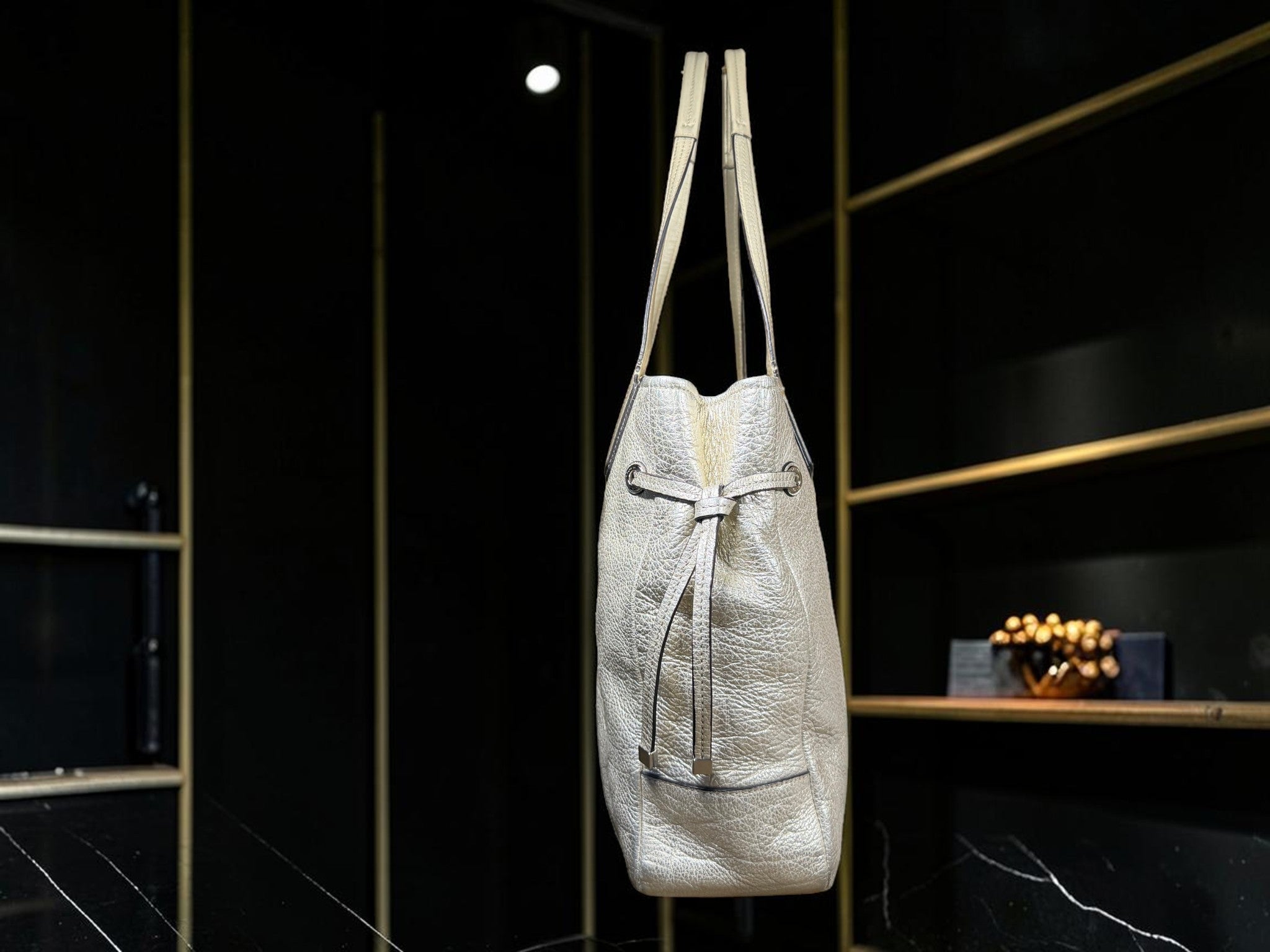 Coach Chelsea Charlie Carryall Tote – Metallic Silver Leather with Beige Stripe, Style 18962