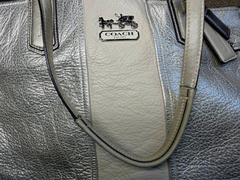 Coach Chelsea Carryall Tote shoulder bag Metallic Silver Leather stripe