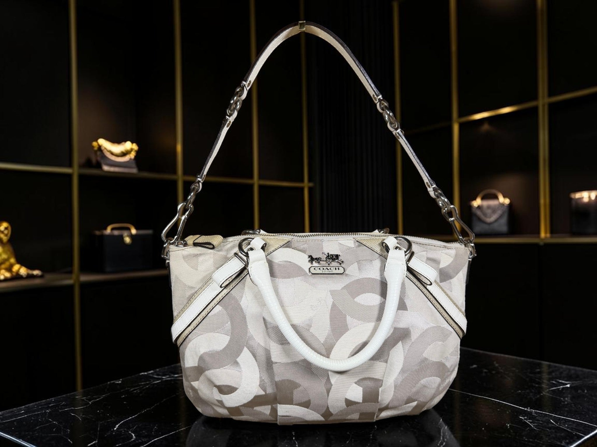 Coach Madison Shantung Sophia Satchel – Grey/White Canvas, Style 16901