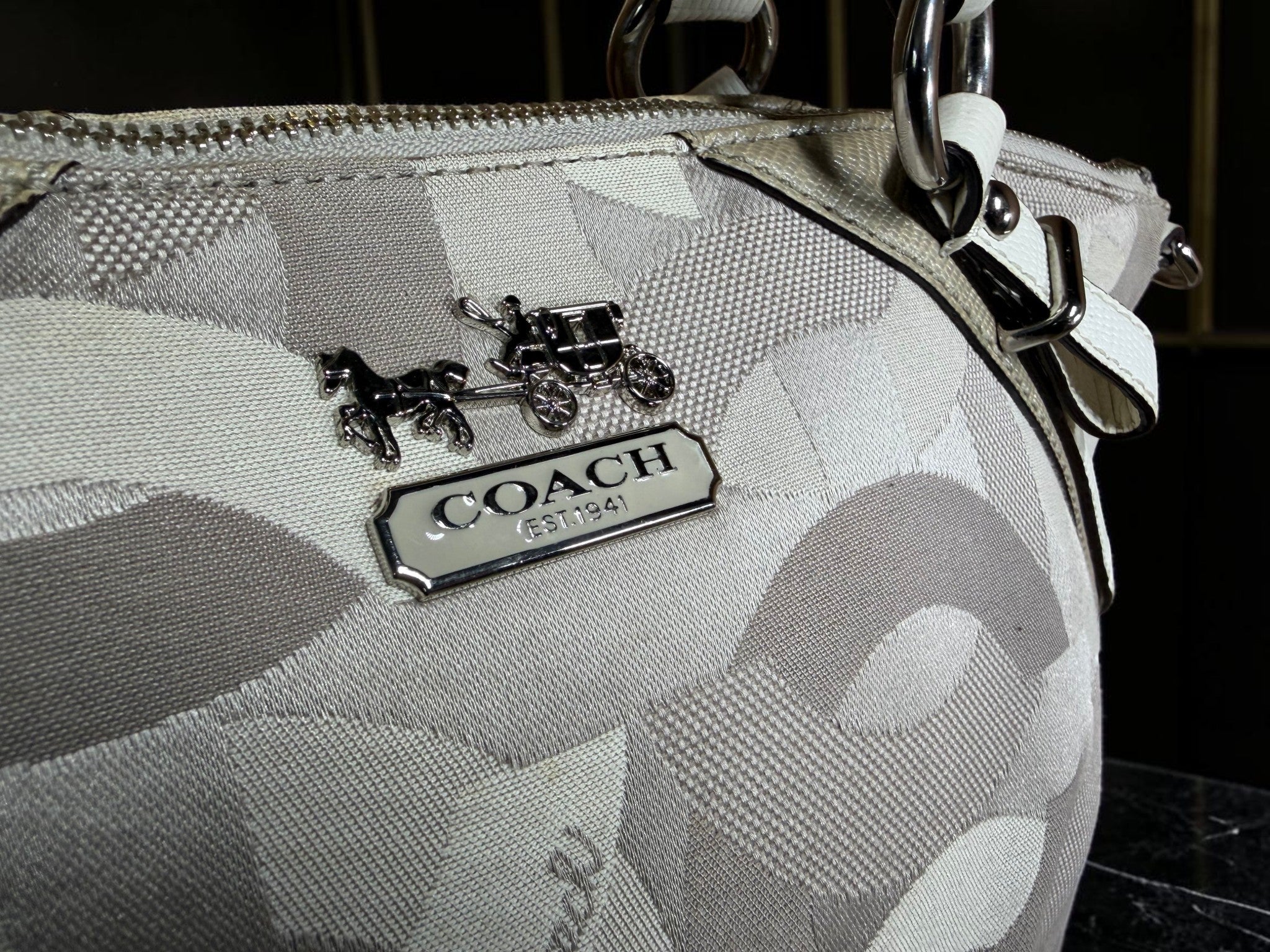 Coach Madison Shantung Sophia Satchel – Grey/White Canvas, Style 16901