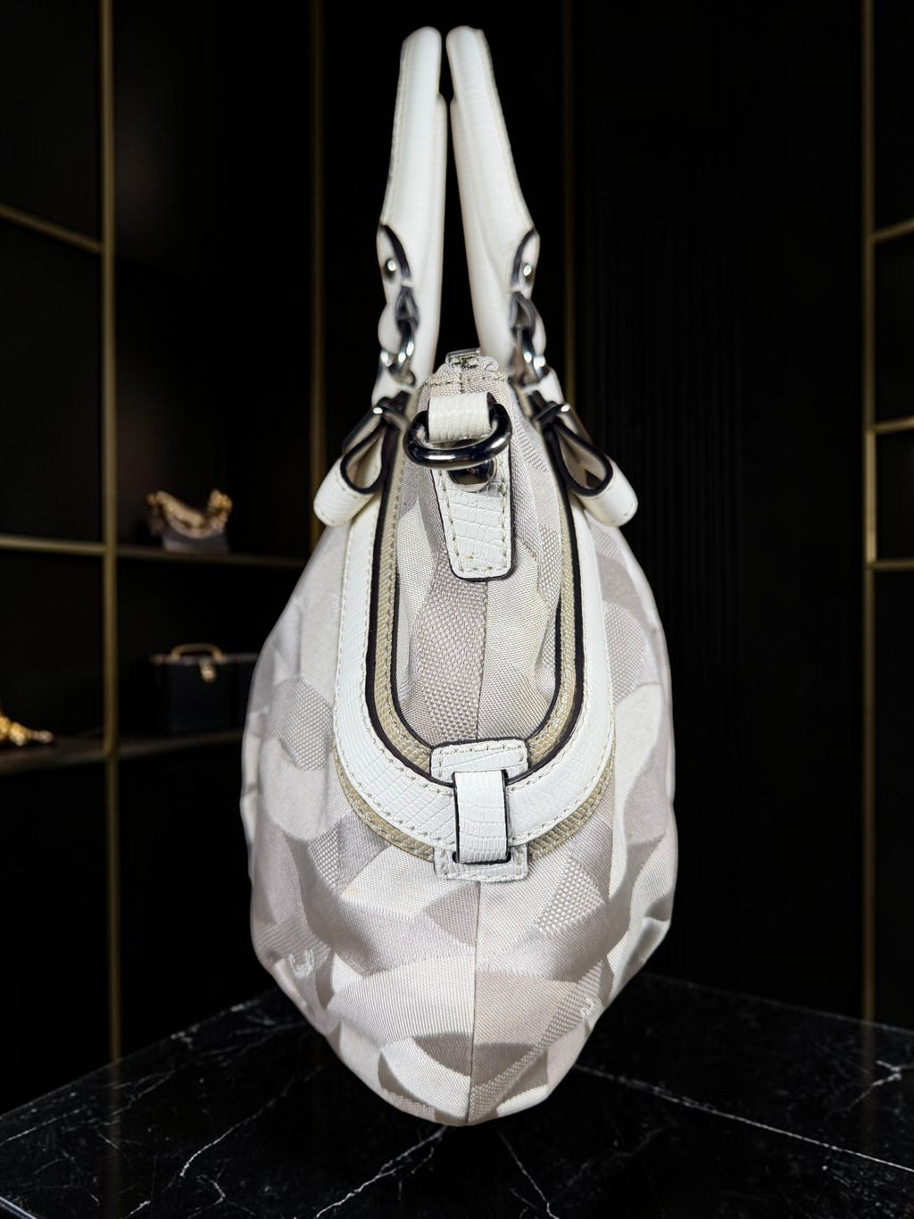 Coach Madison Shantung Sophia Satchel – Grey/White Canvas, Style 16901
