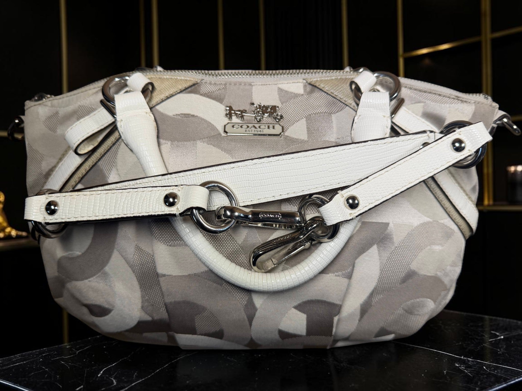 Coach Madison Shantung Sophia Satchel – Grey/White Canvas, Style 16901