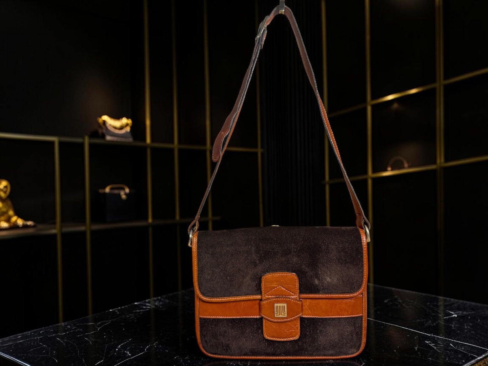 Vintage Lanvin Suede Shoulder Bag with Leather Trim & “LL” Clasp