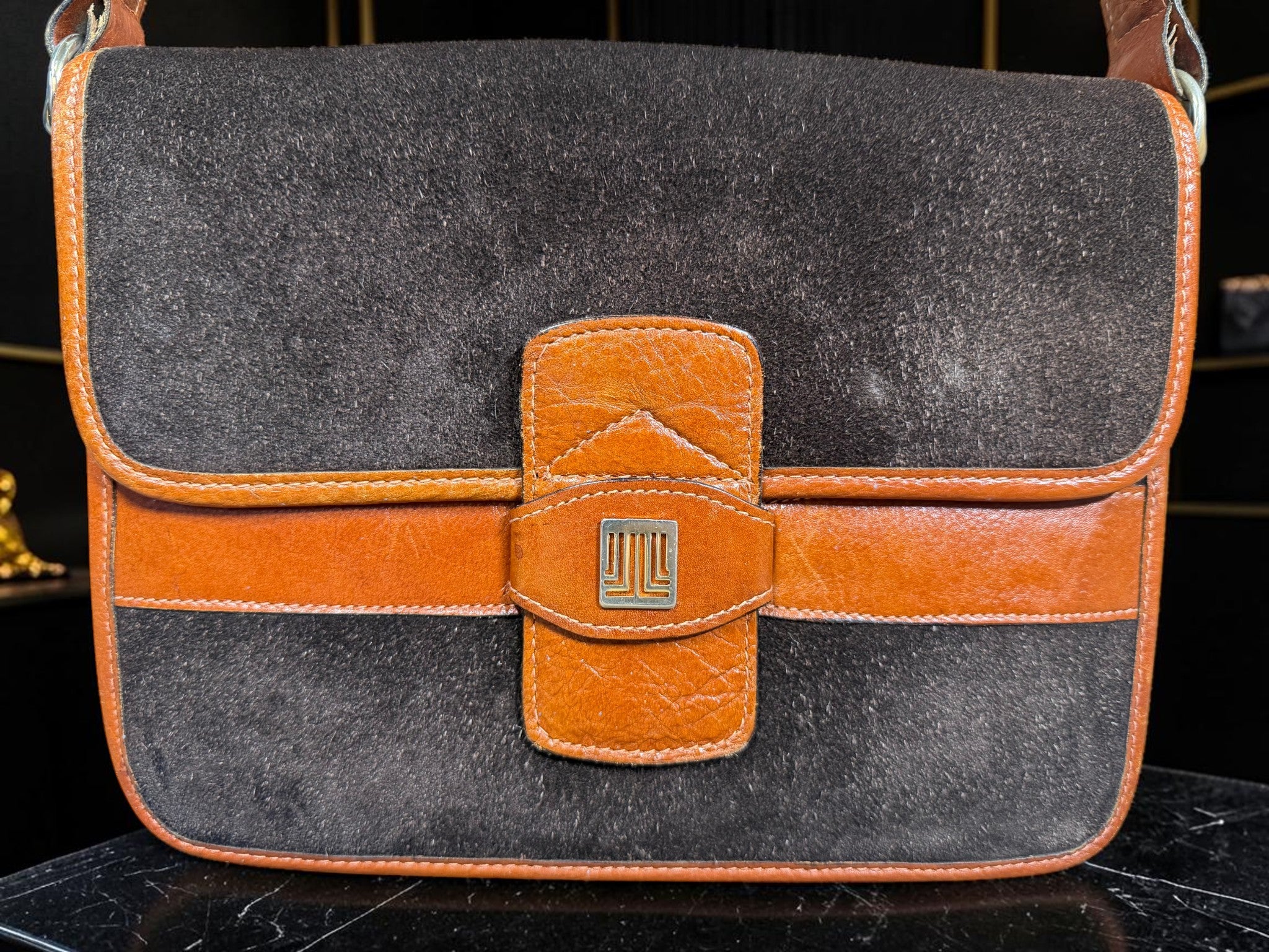 Vintage Lanvin Suede Shoulder Bag with Leather Trim & “LL” Clasp