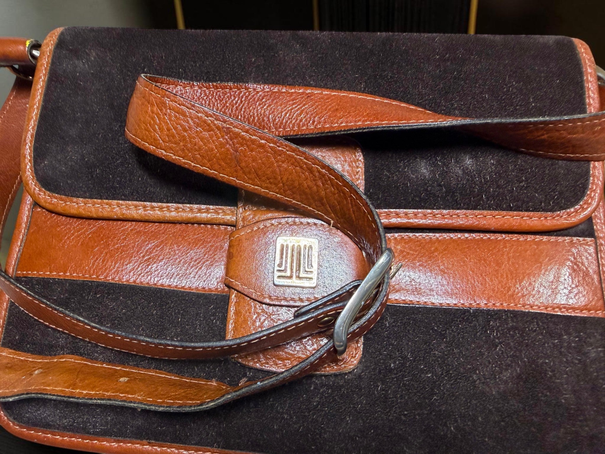 Vintage Lanvin Suede Shoulder Bag with Leather Trim & “LL” Clasp