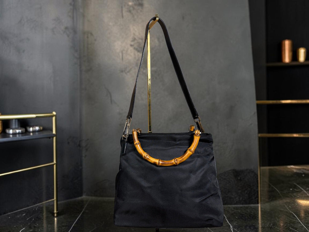 Vintage Gucci Bamboo 2 Way Nylon Tote with Detachable Leather Shoulder Strap - With COA