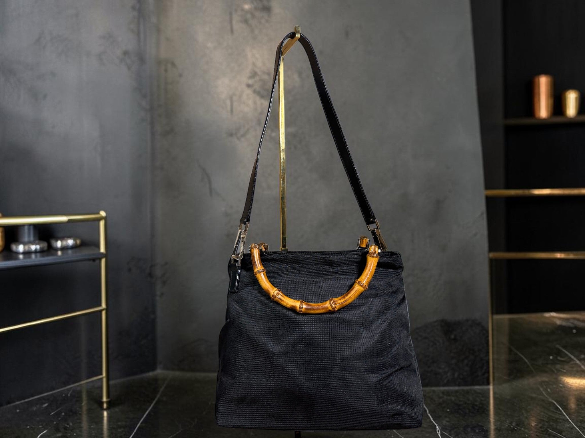 Vintage Gucci Bamboo 2 Way Nylon Tote with Detachable Leather Shoulder Strap - With COA