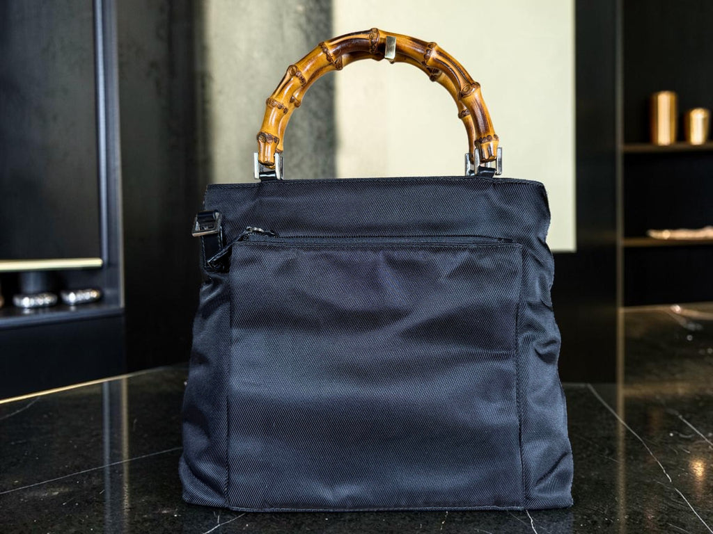 Vintage Gucci Bamboo 2 Way Nylon Tote with Detachable Leather Shoulder Strap - With COA