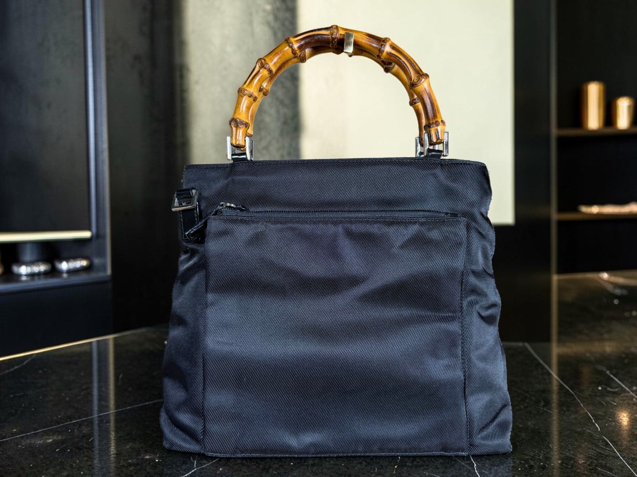Vintage Gucci Bamboo 2 Way Nylon Tote with Detachable Leather Shoulder Strap - With COA