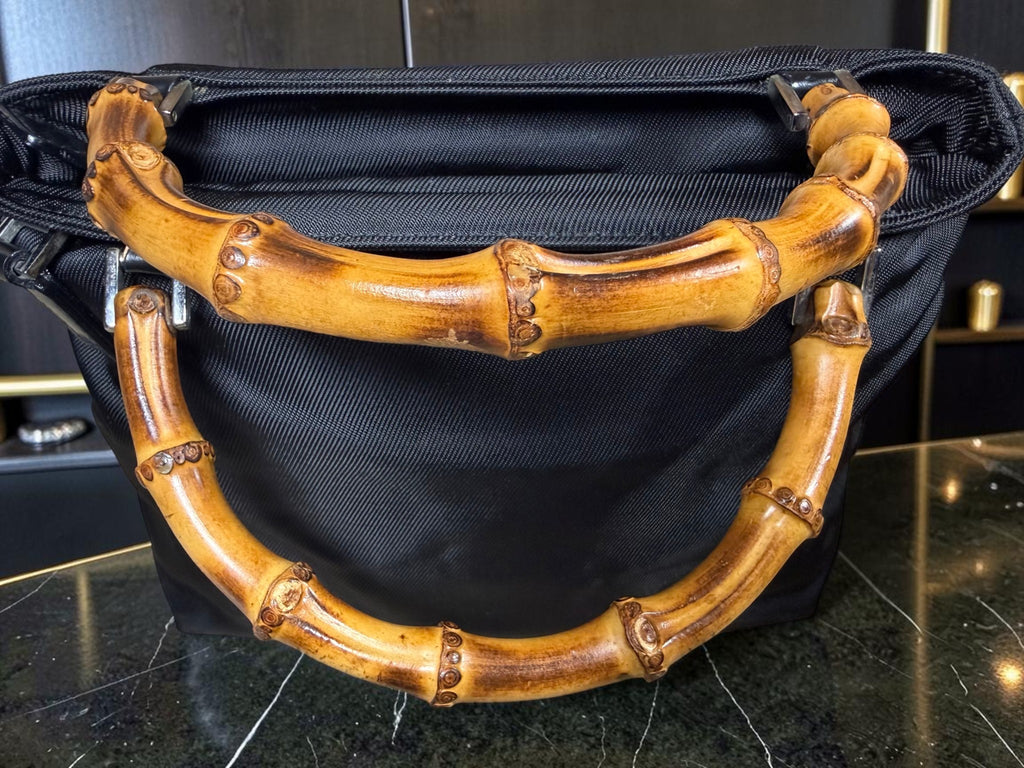 Vintage Gucci Bamboo 2 Way Nylon Tote with Detachable Leather Shoulder Strap - With COA