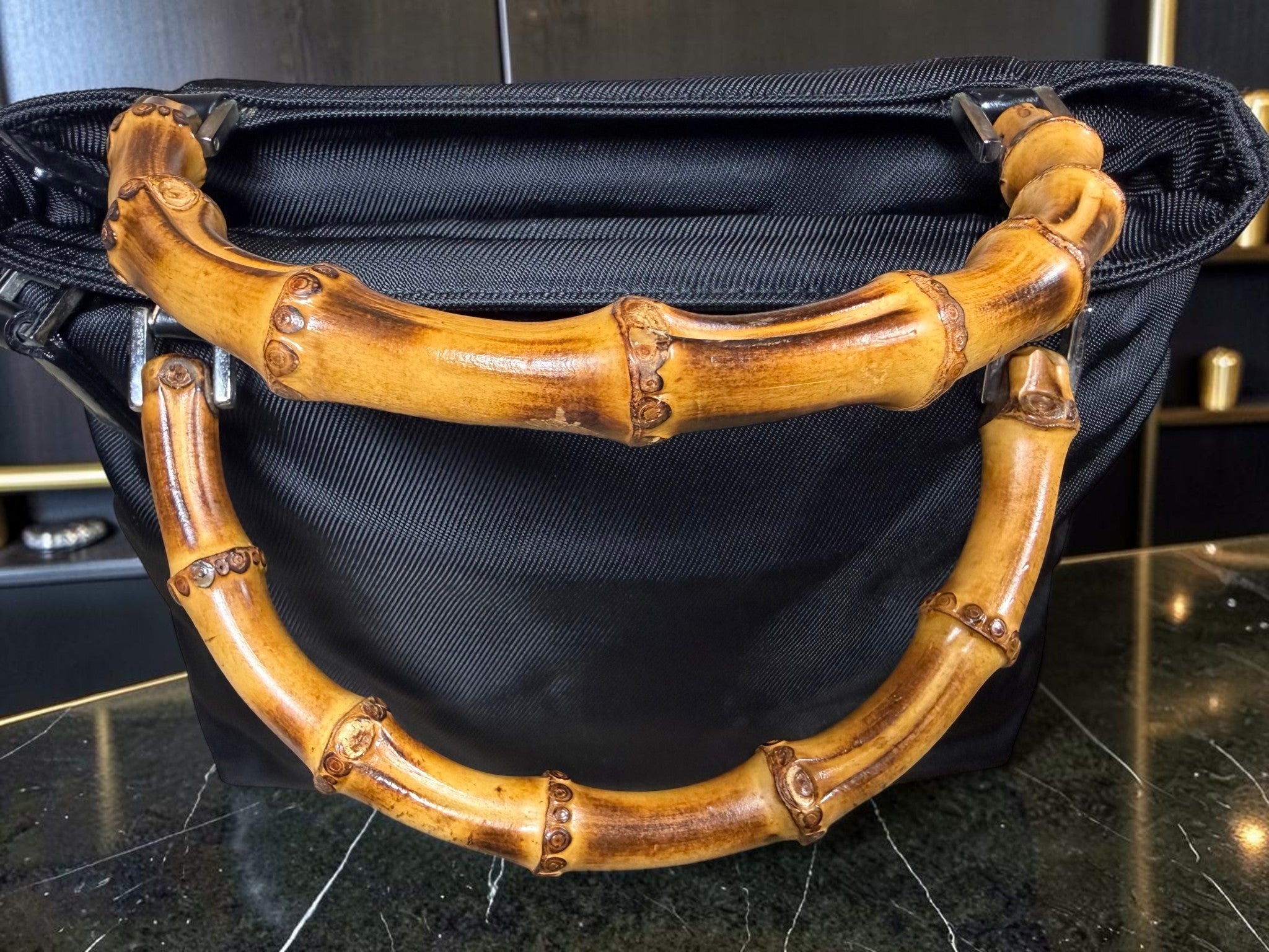 Vintage Gucci Bamboo 2 Way Nylon Tote with Detachable Leather Shoulder Strap - With COA