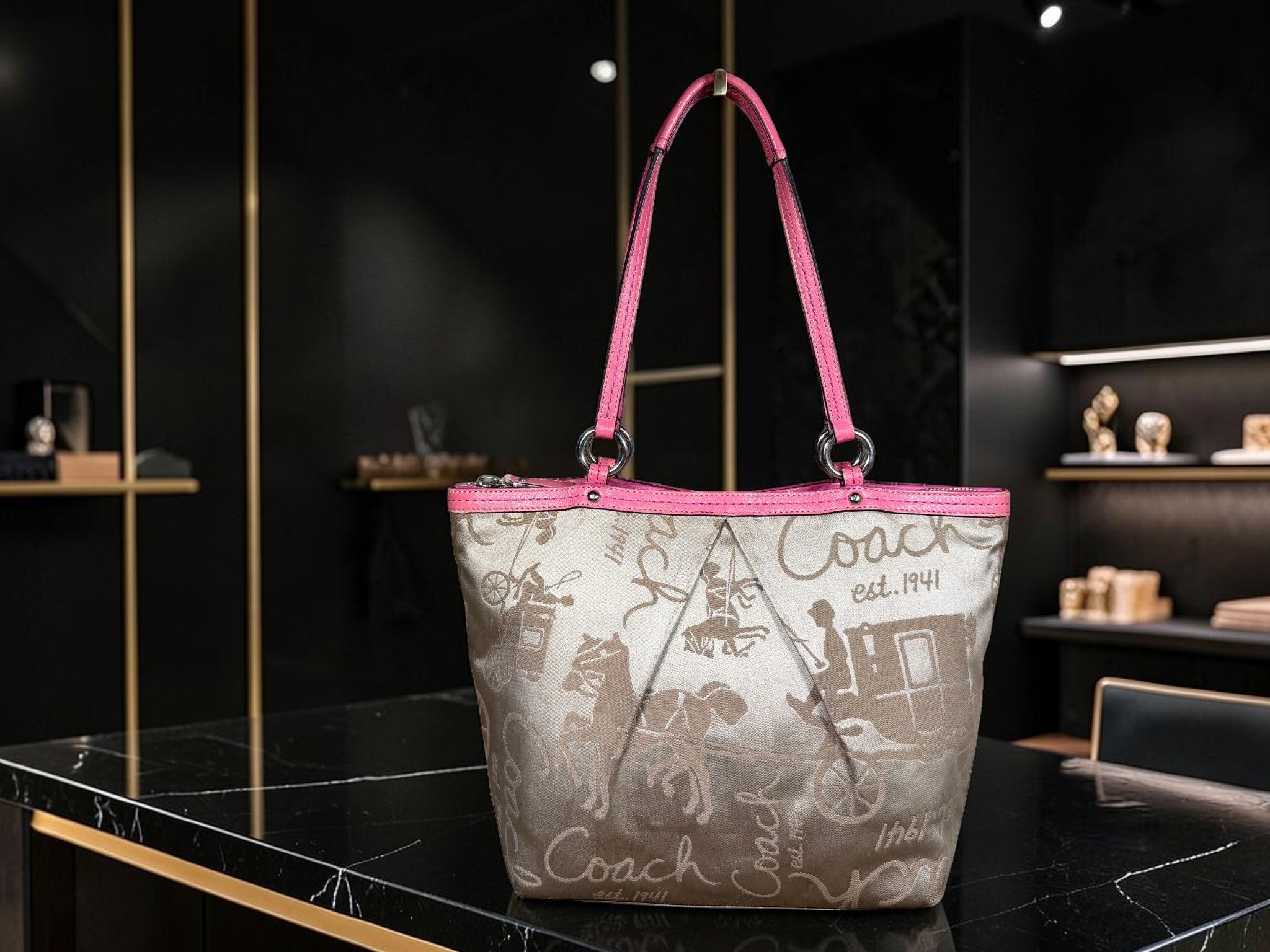 Coach Horse & Carriage Pleated Tote (Style No F14482) in Satin Beige with Hot Pink Trim.