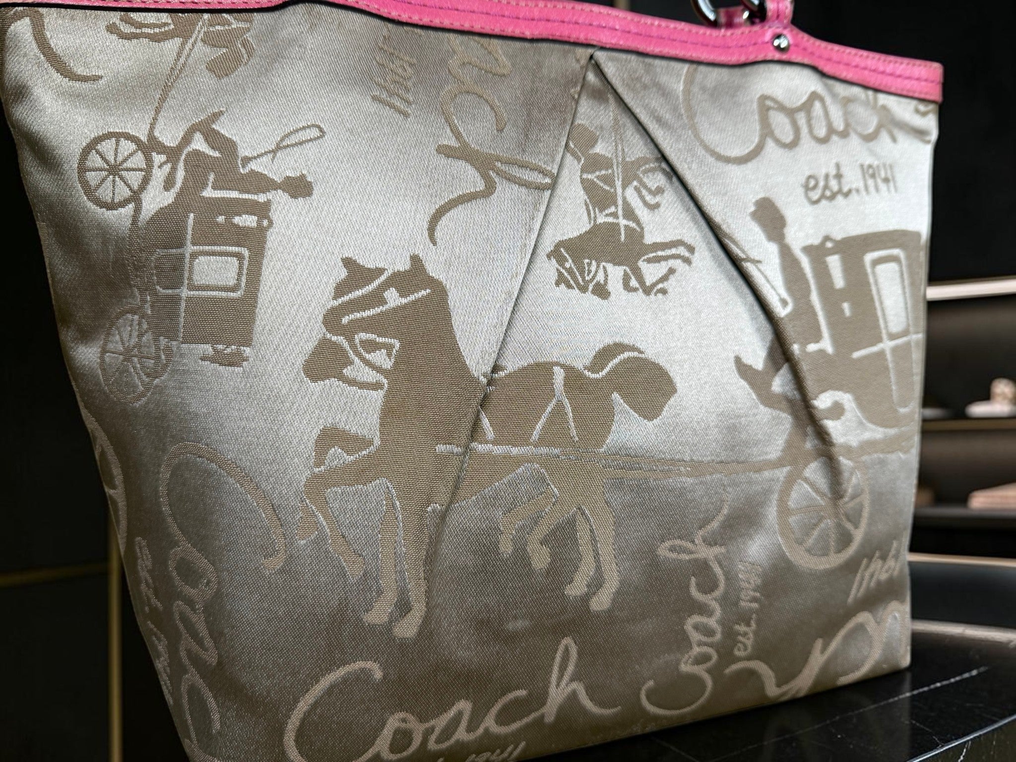 Coach Horse & Carriage Pleated Tote (Style No F14482) in Satin Beige with Hot Pink Trim.