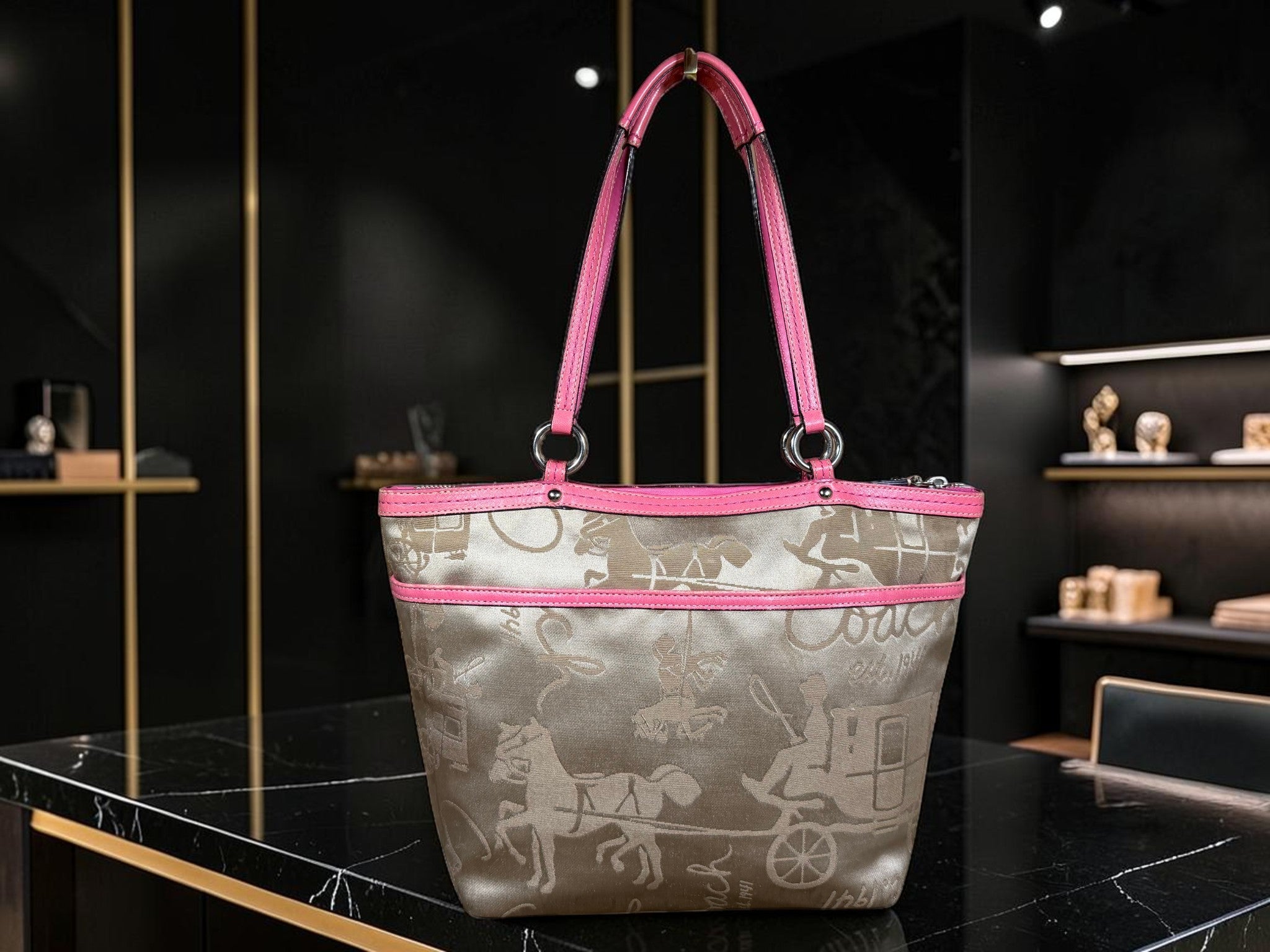 Coach Horse & Carriage Pleated Tote (Style No F14482) in Satin Beige with Hot Pink Trim.