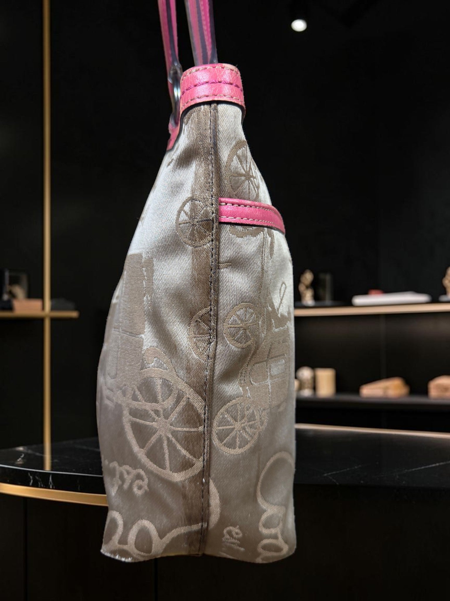 Coach Horse & Carriage Pleated Tote (Style No F14482) in Satin Beige with Hot Pink Trim.