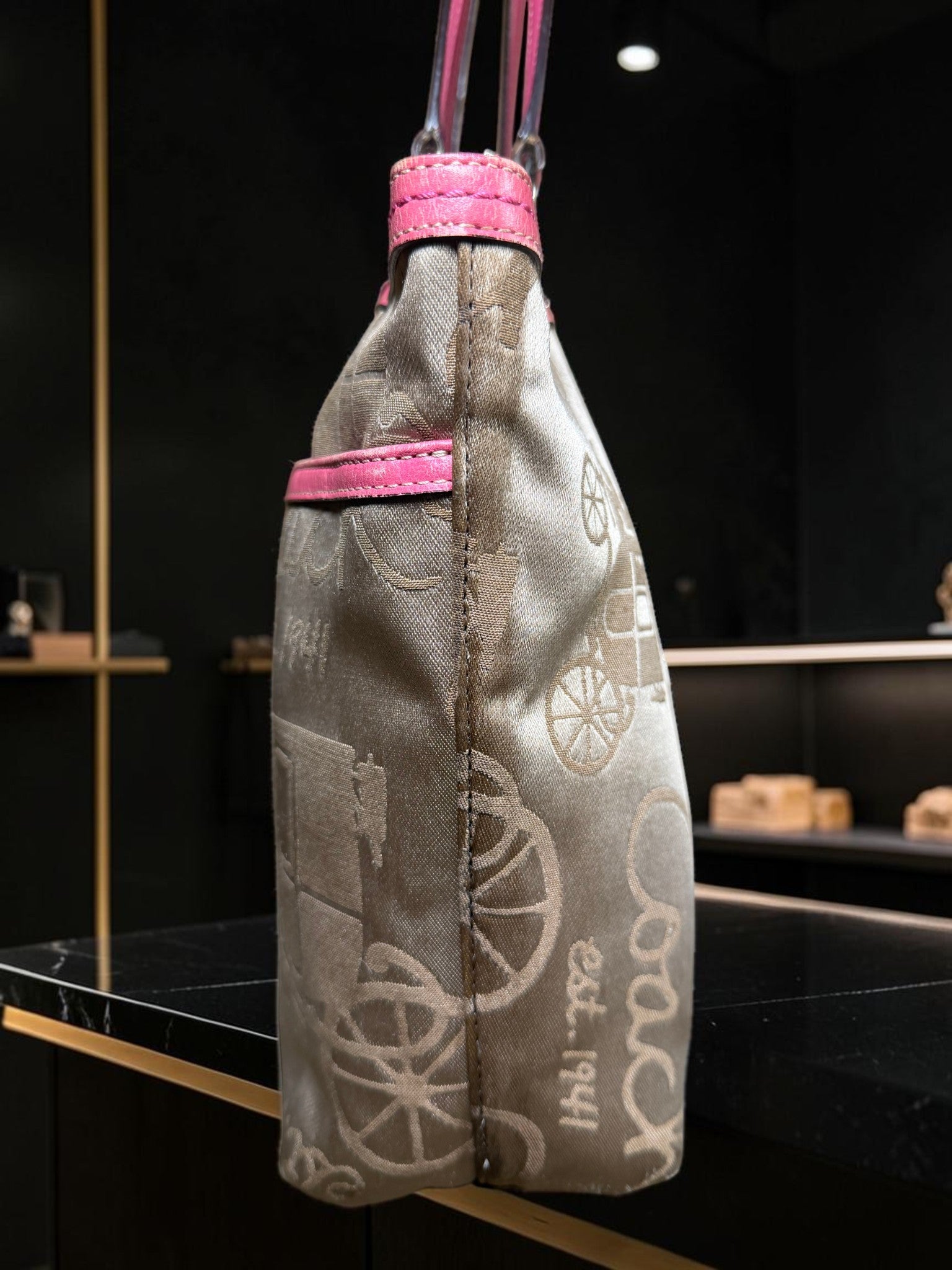 Coach Horse & Carriage Pleated Tote (Style No F14482) in Satin Beige with Hot Pink Trim.