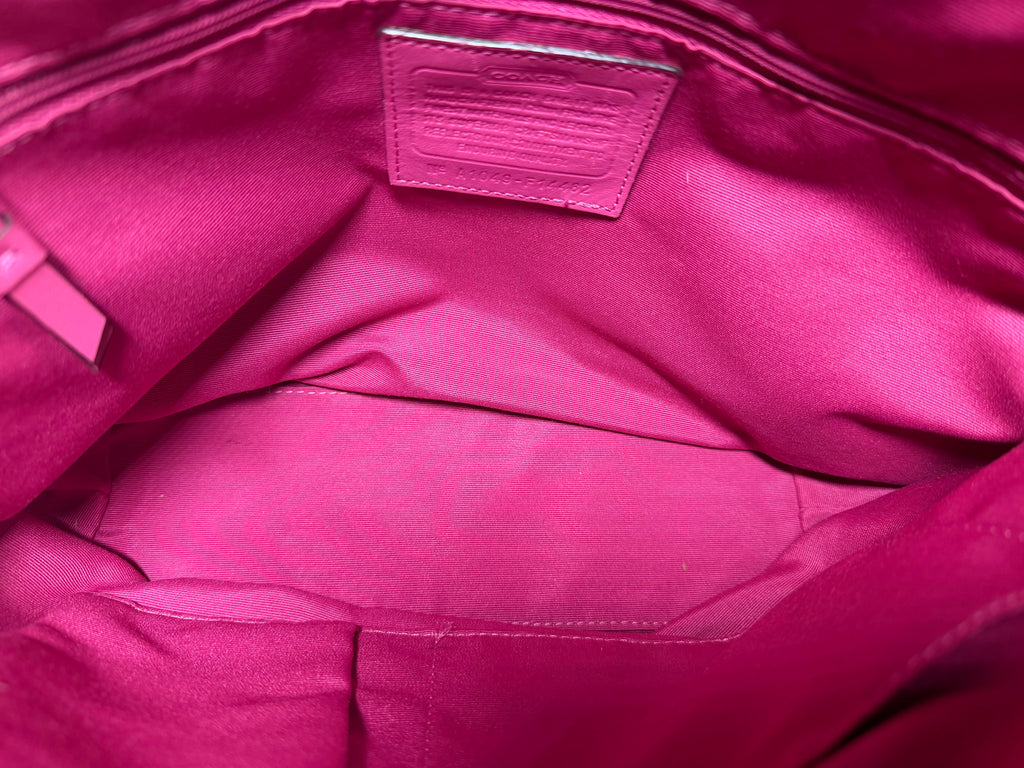 Coach Horse & Carriage Pleated Tote (Style No F14482) in Satin Beige with Hot Pink Trim.