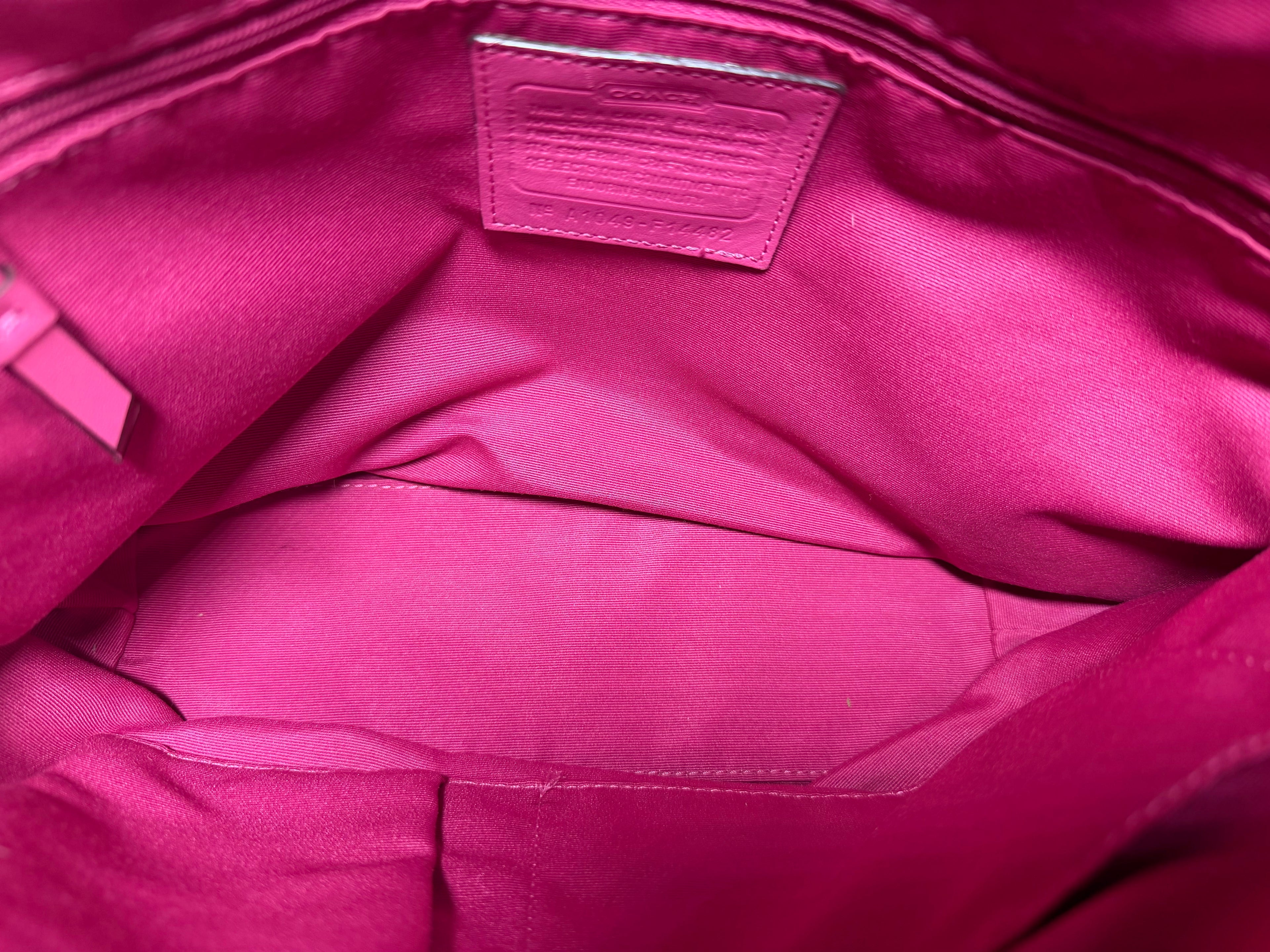 Coach Horse & Carriage Pleated Tote (Style No F14482) in Satin Beige with Hot Pink Trim.