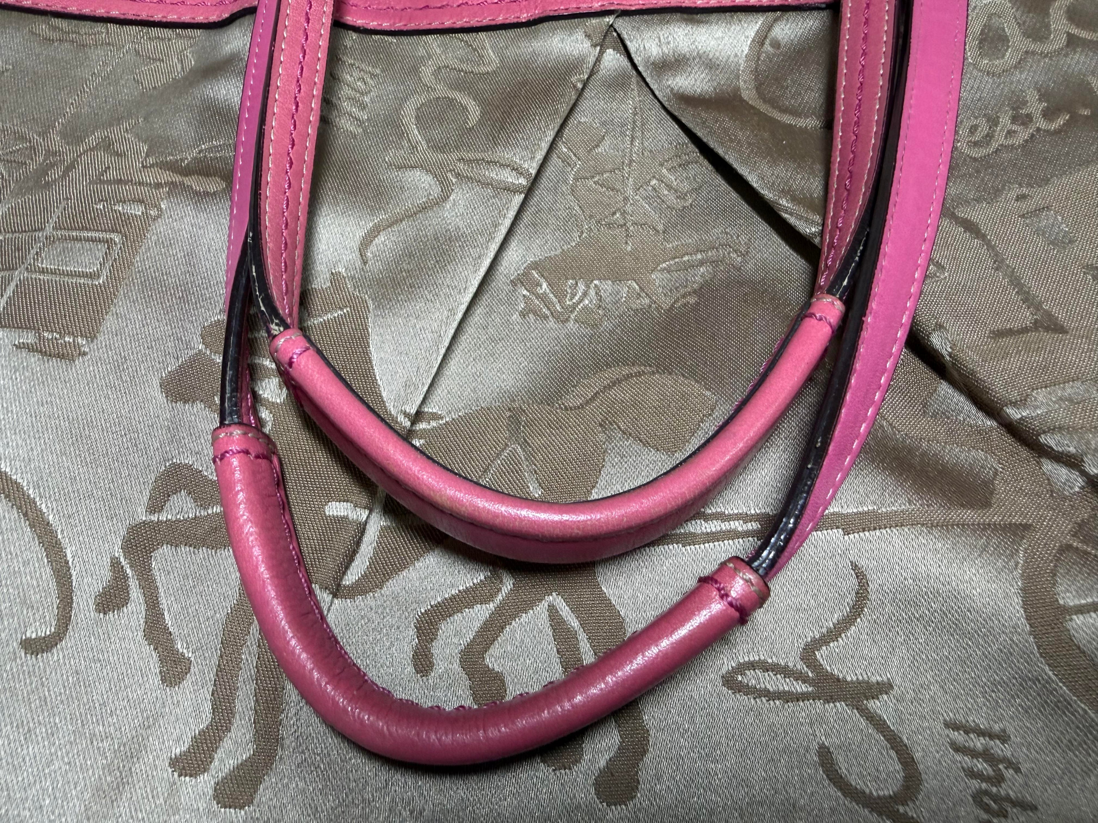 Coach Horse & Carriage Pleated Tote (Style No F14482) in Satin Beige with Hot Pink Trim.