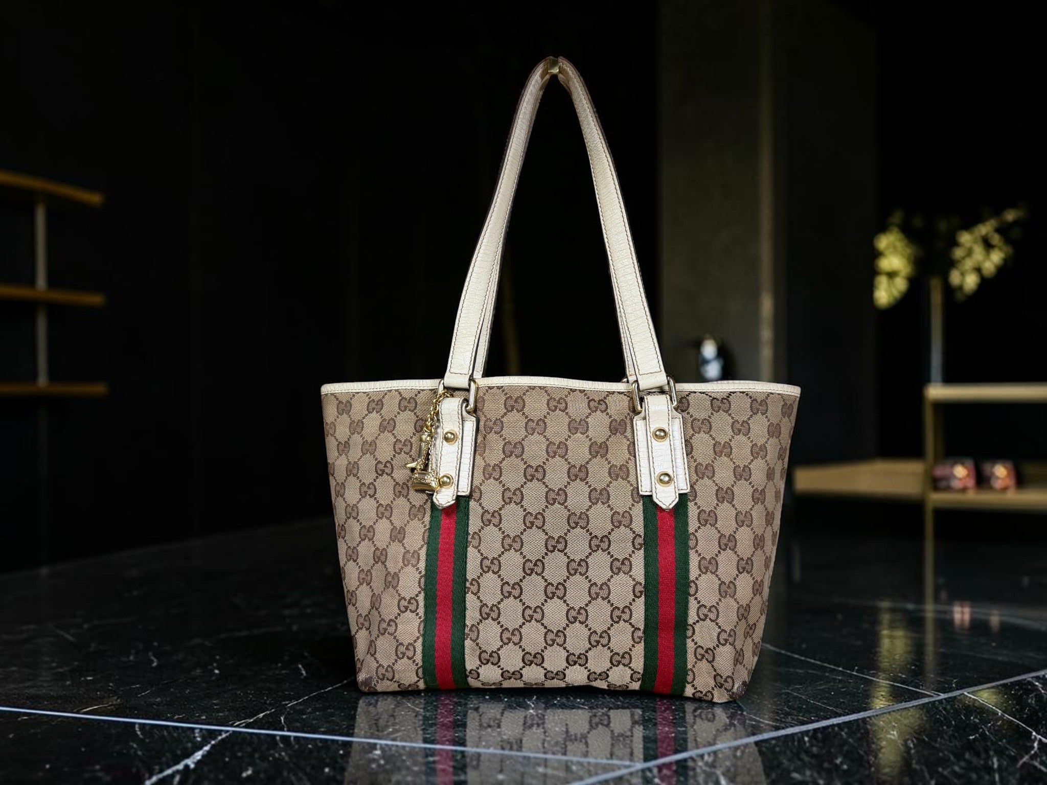 Gucci GG Supreme Jolicoeur (Sherry Line) Tote 137396 (With both charms attached)