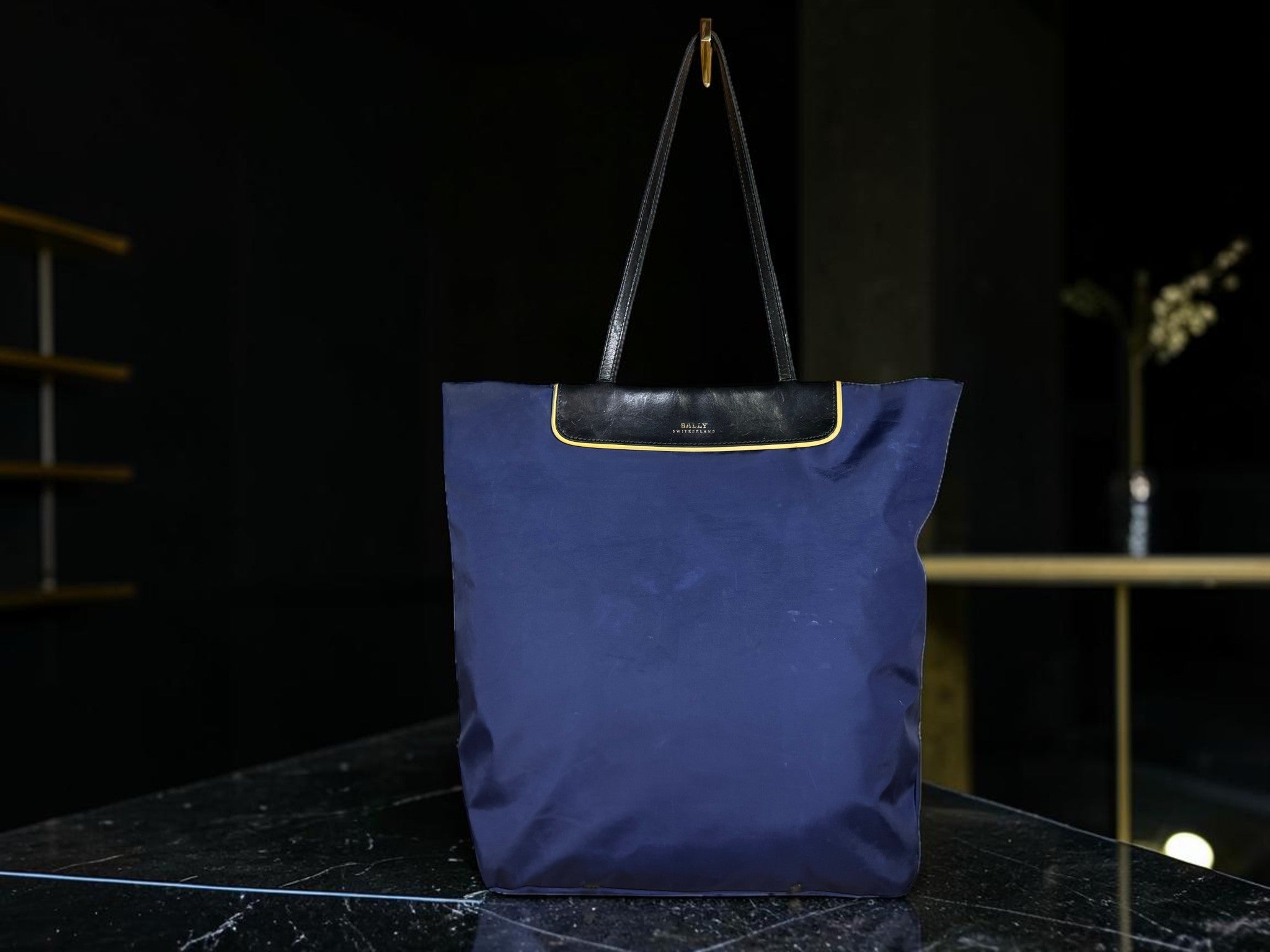 Bally Switzerland Navy Nylon and Black Leather Shopper Tote