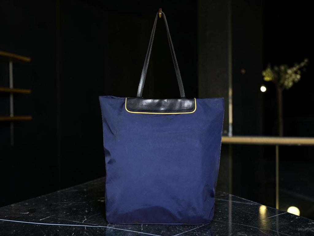 Bally Switzerland Navy Nylon and Black Leather Shopper Tote