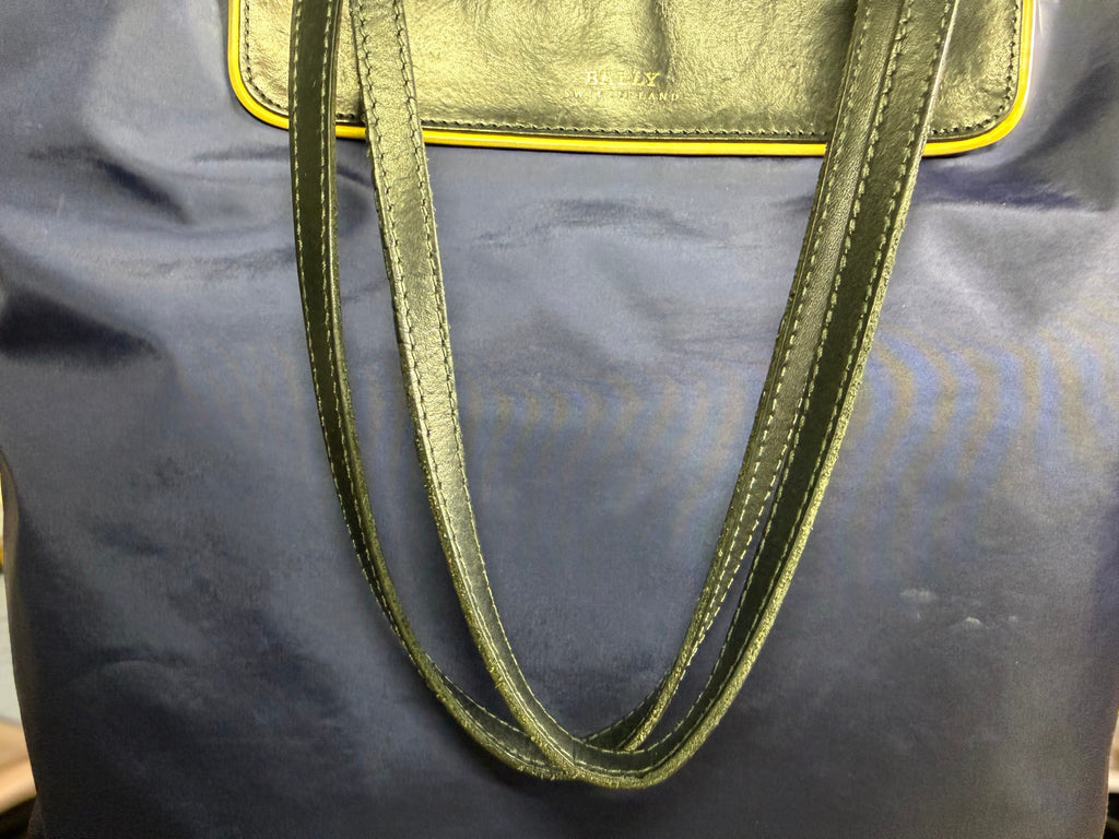 Bally Switzerland Navy Nylon and Black Leather Shopper Tote