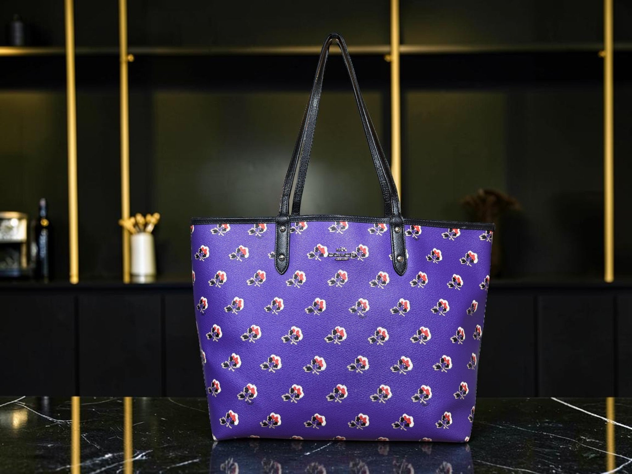 Coach Reversible City Tote (Bramble Rose Print/Black)