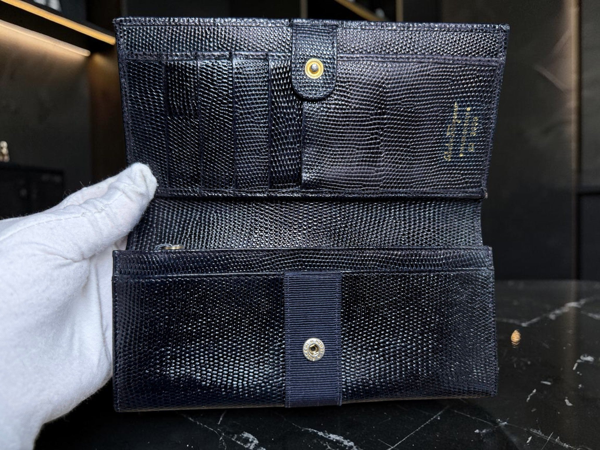 Salvatore Ferragamo Navy Lizard-Embossed Leather Continental Wallet