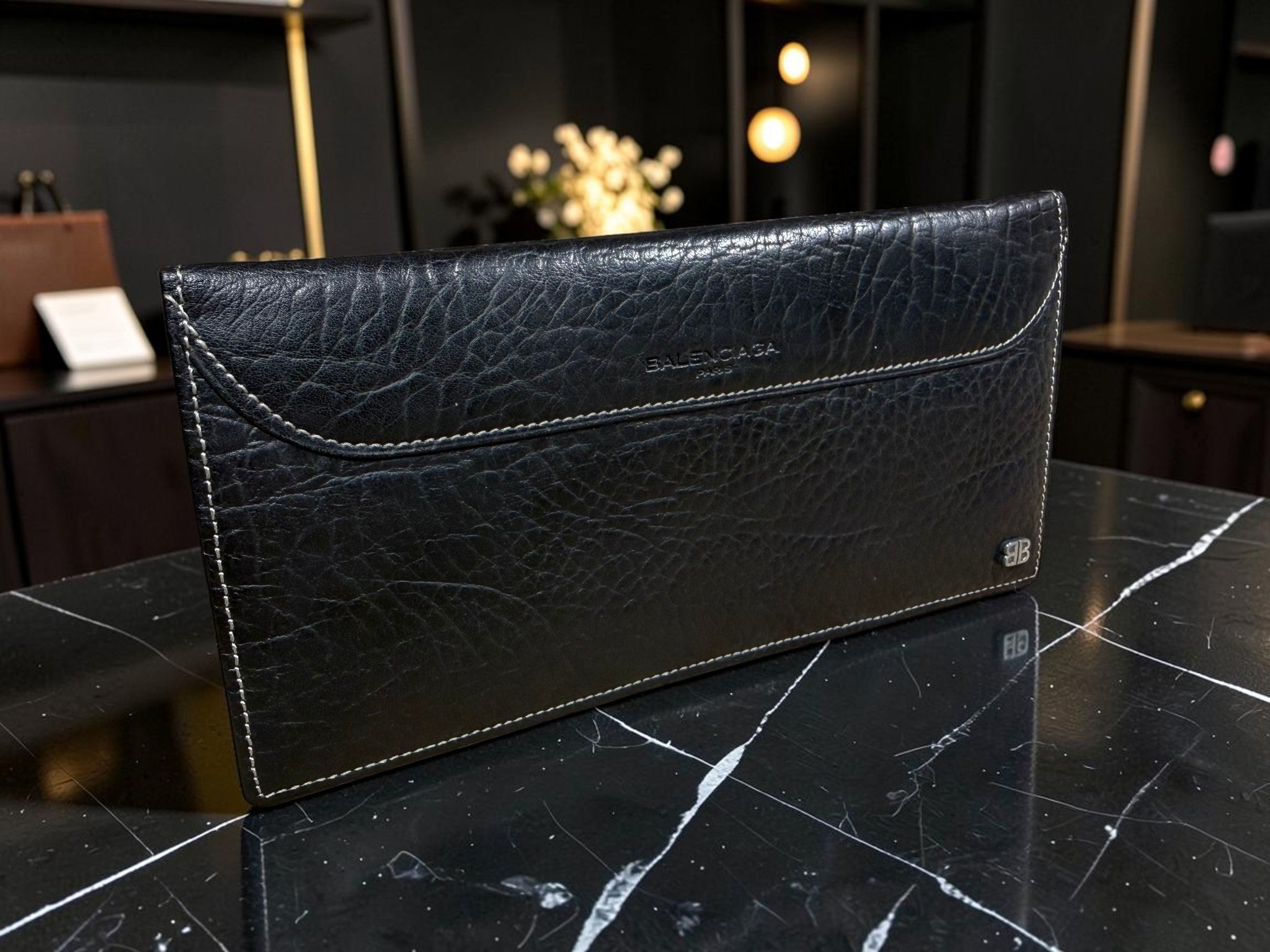 Balenciaga Black Leather Mens Long Wallet
