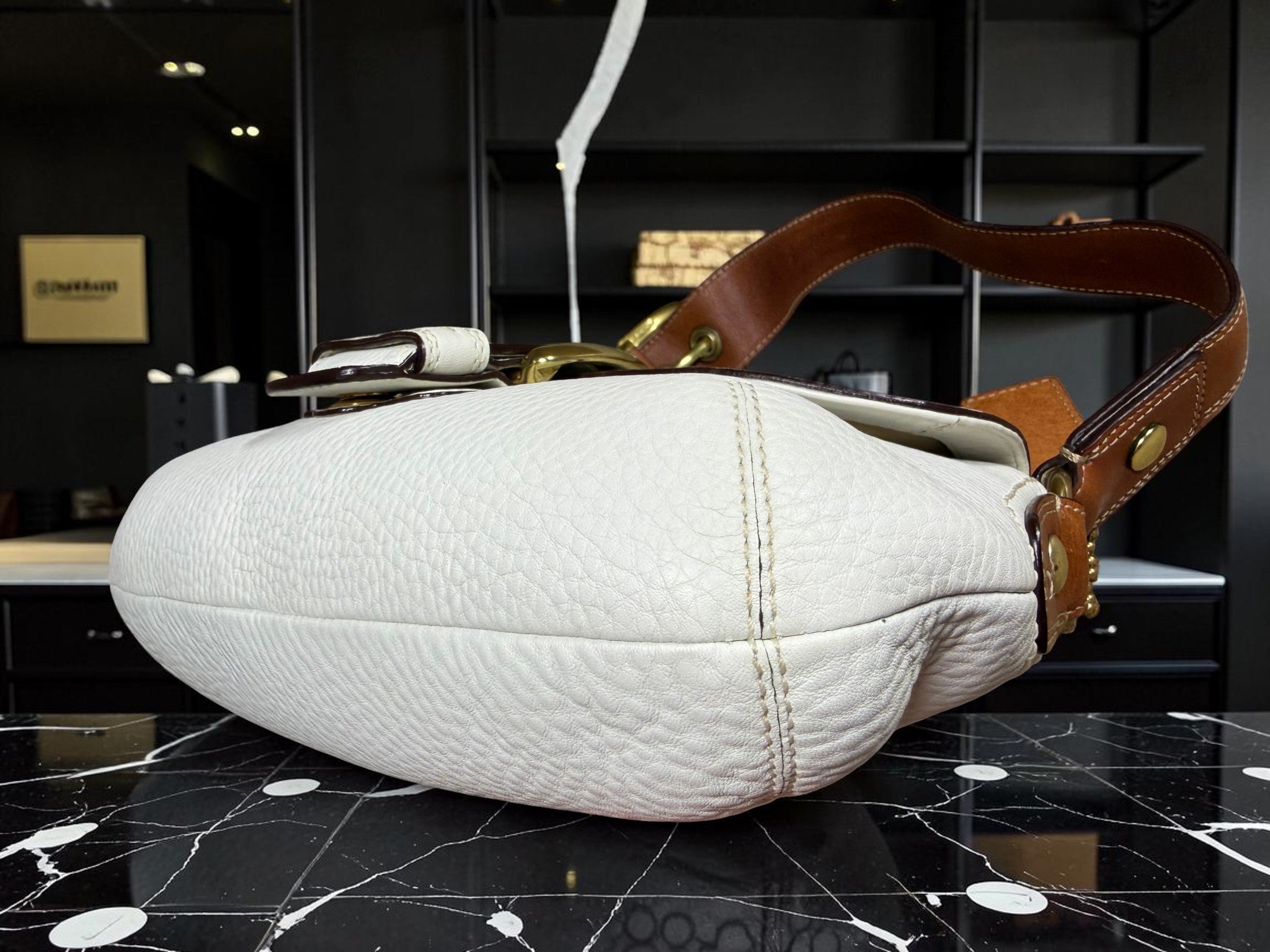 Vintage Coach Soho Buckle Flap in White Pebbled Leather (11840) (With Dust Bag)