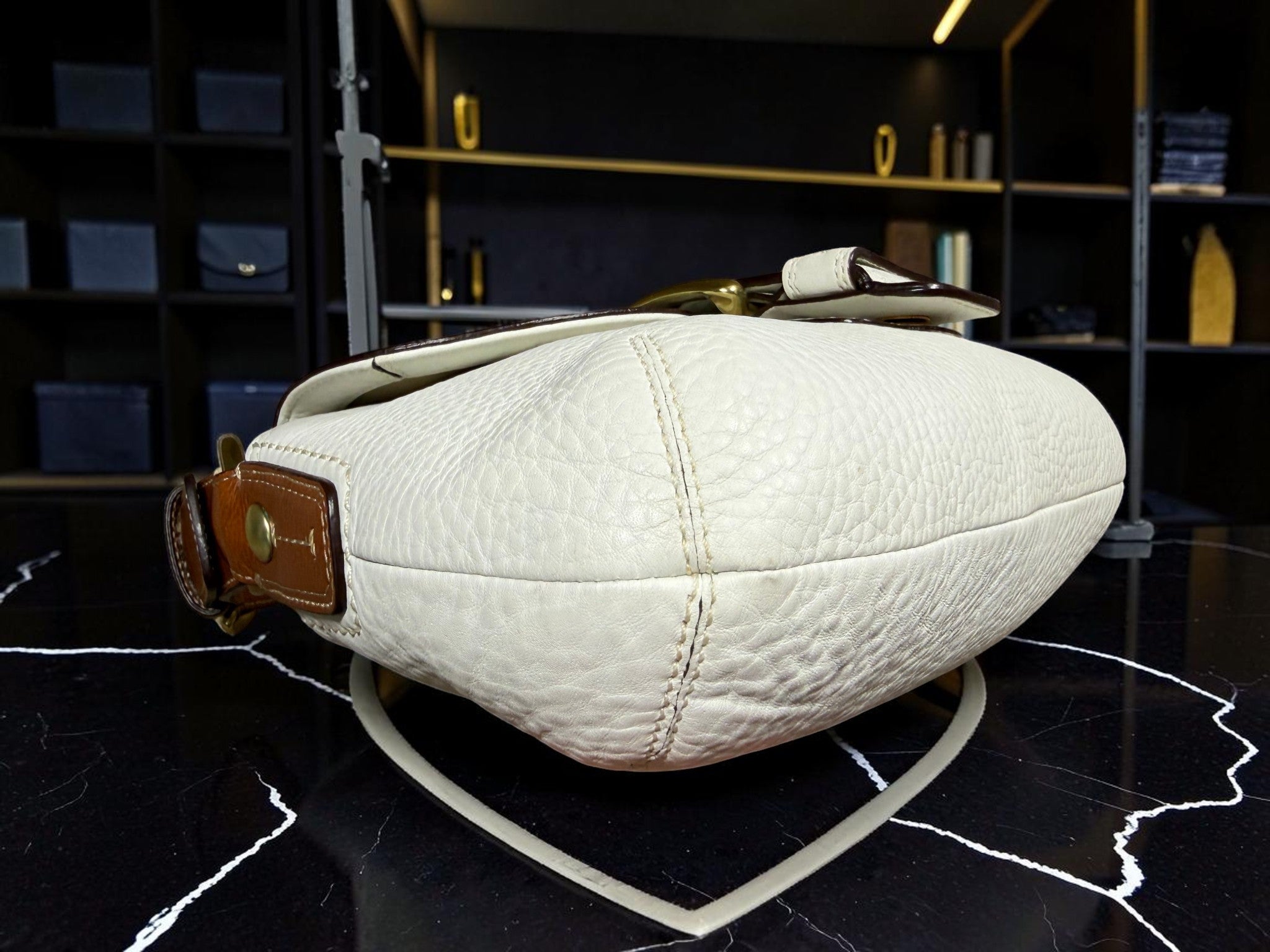 Vintage Coach Soho Buckle Flap in White Pebbled Leather (11840) (With Dust Bag)
