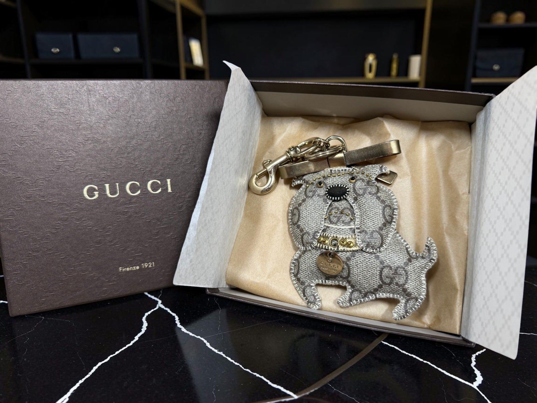 Gucci Guccioli Bulldog Bag Charm / Keychain in GG Supreme Canvas