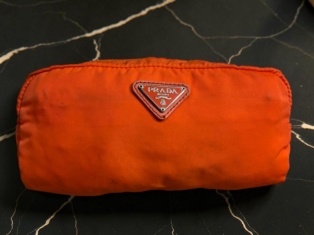 Prada Tessuto Cosmetics / Toiletry Pouch in Vibrant Orange