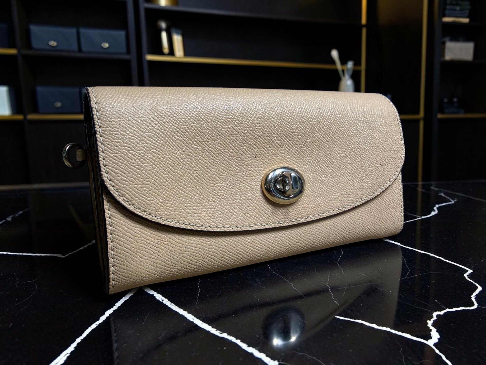 Coach Beige Pebbled Leather Envelope Turn Lock Wallet (Quick Sale)