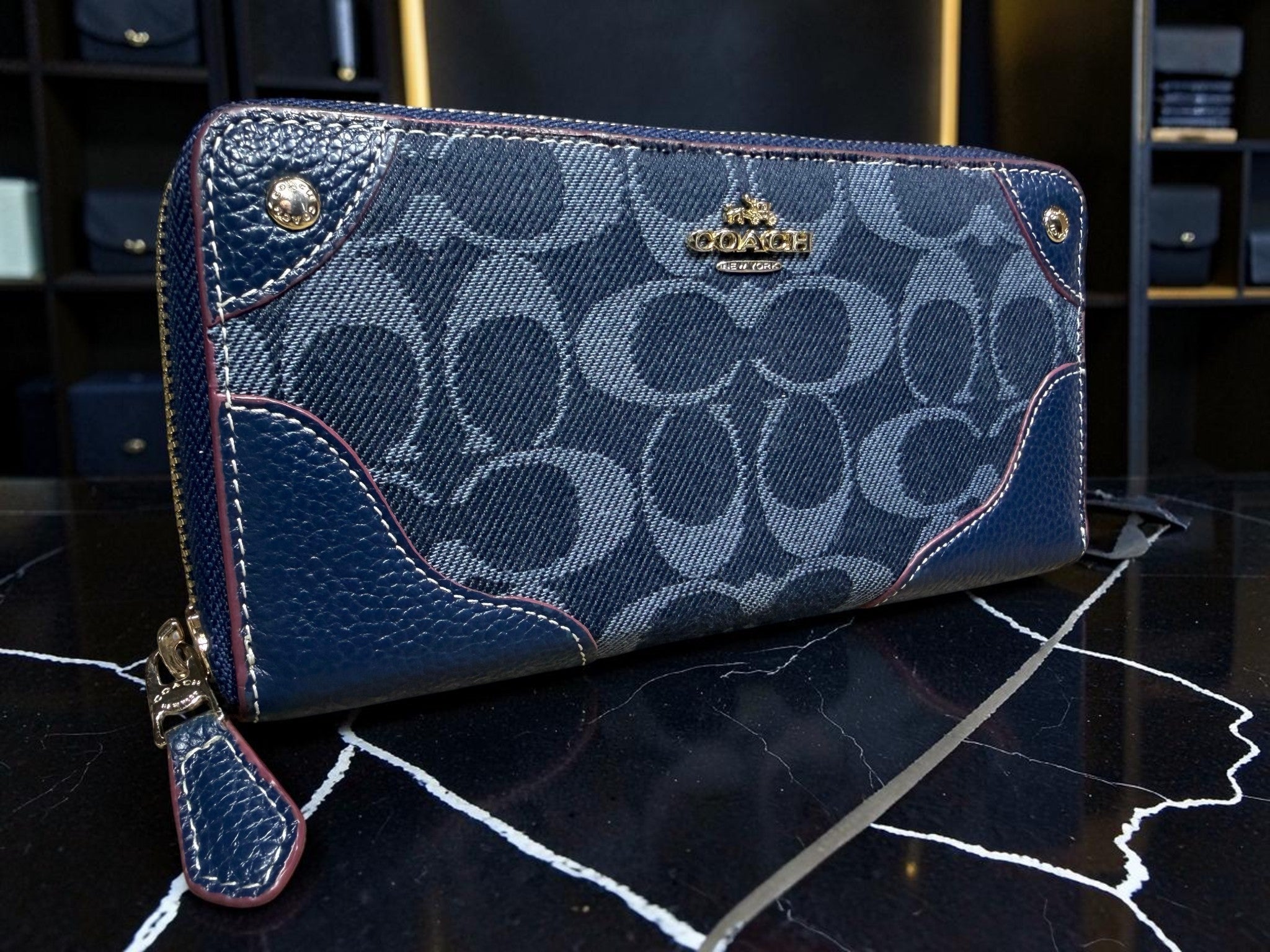 Coach Signature Denim Canvas and Leather Zip Around Wallet (53769)