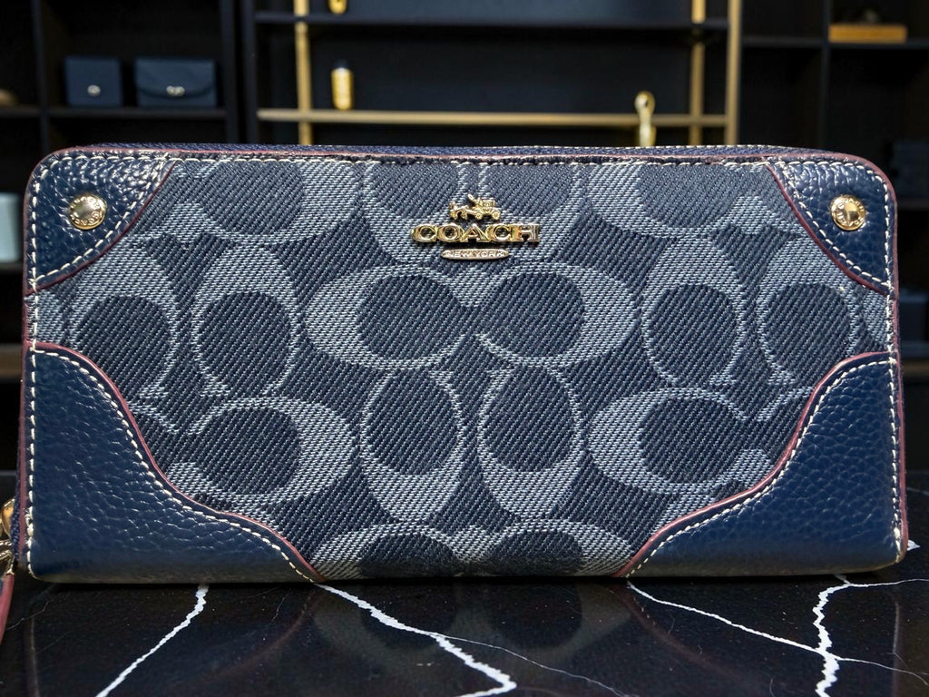 Coach Signature Denim Canvas and Leather Zip Around Wallet (53769)