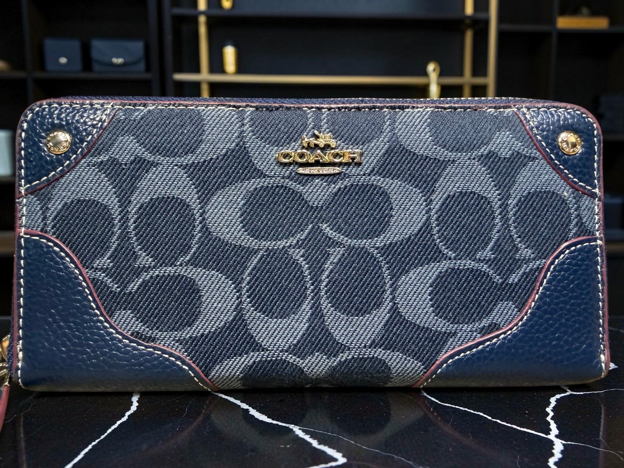 Coach Signature Denim Canvas and Leather Zip Around Wallet (53769)