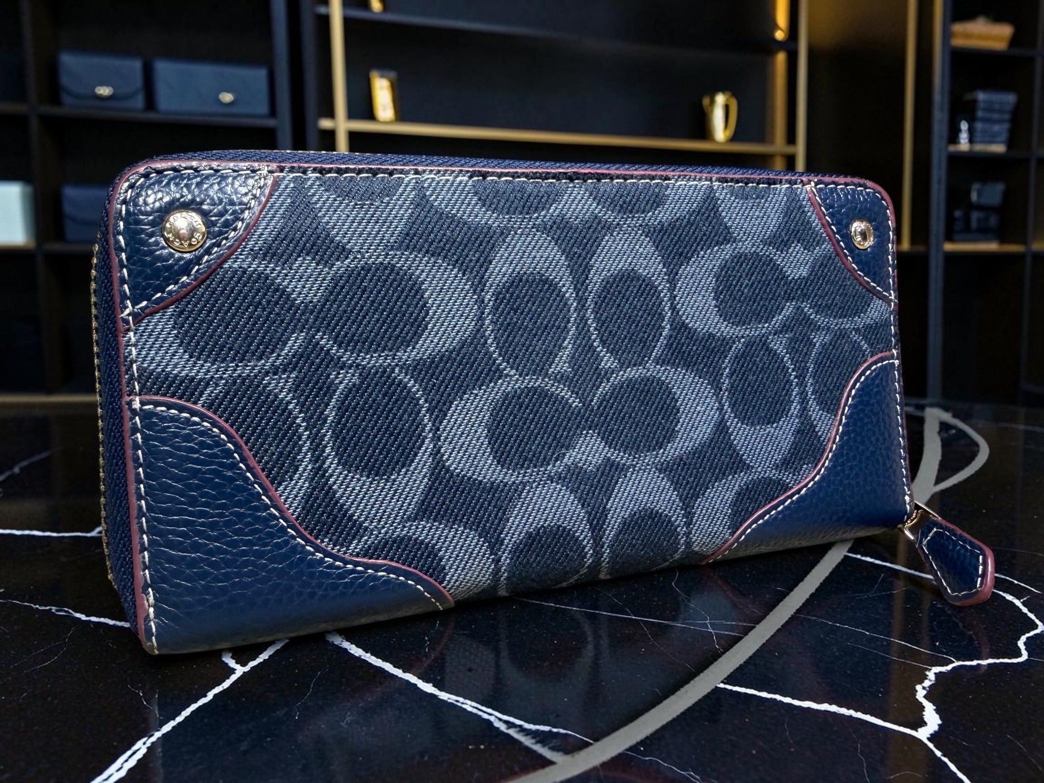 Coach Signature Denim Canvas and Leather Zip Around Wallet (53769)