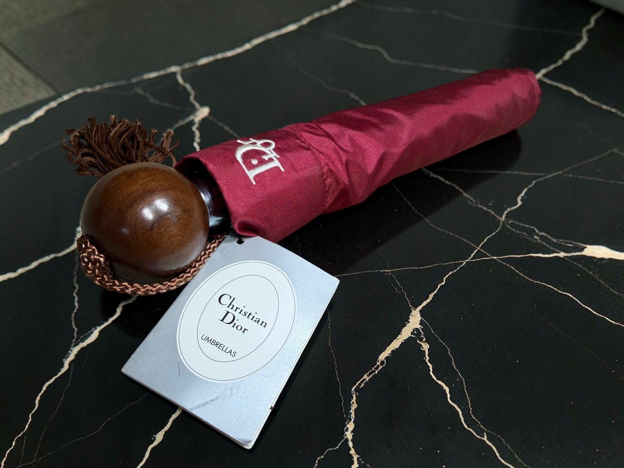 Christian Dior Crimson Wooden Ball and Tassel Handle Umbrella (New with Tags)